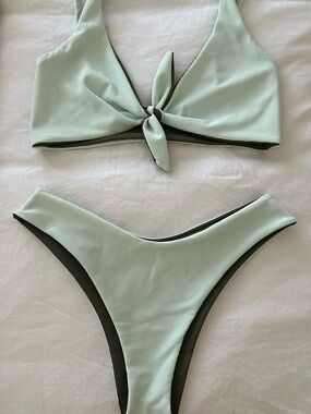 Reversible Teal & Olive Green Tie-Front Bikini Set